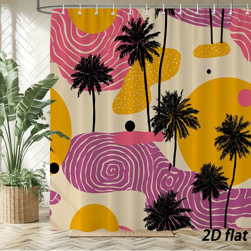 

Занавеска для душа с силуэтами пальм, 2D плоский принт, кремовый фон, розовые и желтые абстрактные формы, спиральные точки, 180x180 см