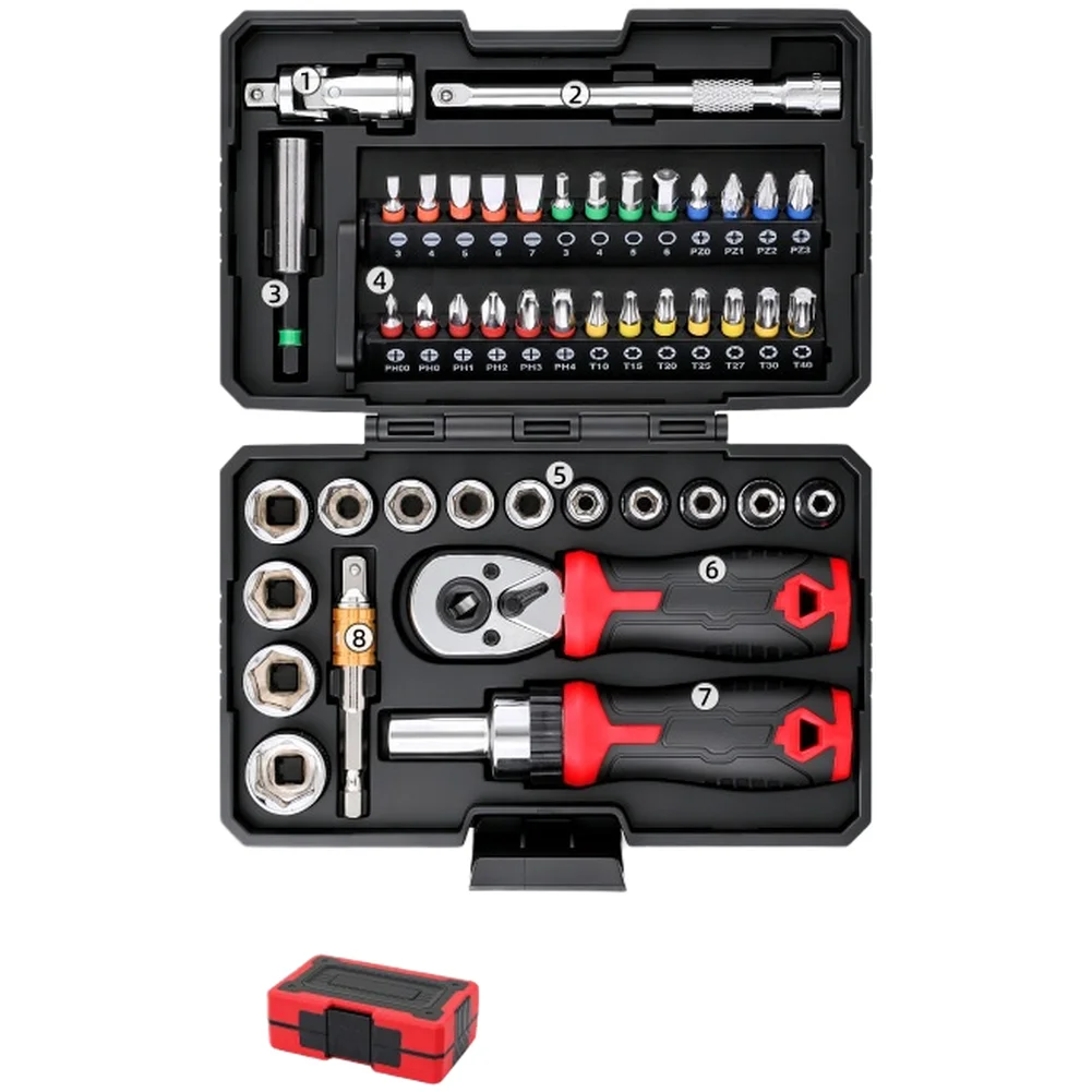 45 Piece Chrome Vanadium Ratchet Bit Set with 1/4 Inch Socket Wrench for Furniture Assembly and Appliance Repair