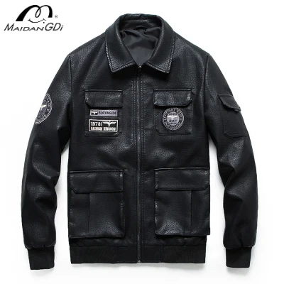 MAIDANGDI Men's Leather Jacket Embroidered Solid Color Motorcycle Style Windproof Multi Pocket Large Size Top Coat PU Material