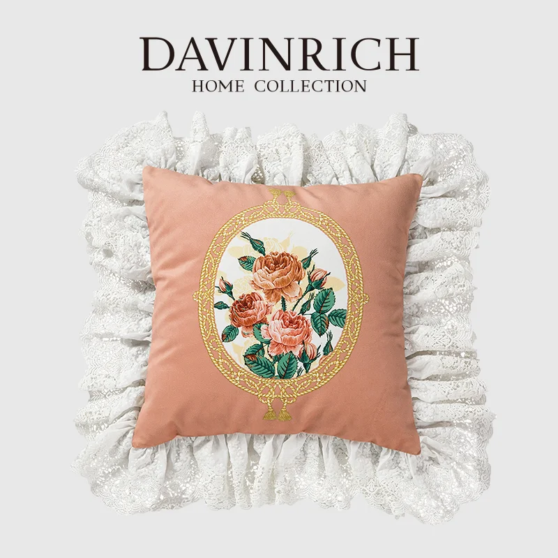 

DAVINRICH Victorian Floral Throw Pillow Cover With Lace Ruffles Decorative Vintage Romantic Cushion Case For Living Room Bedroom