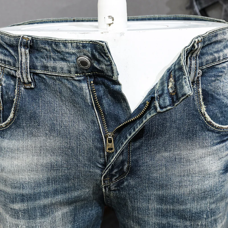 Fashion Designer Men Jeans High Quality Retro Washed Blue Stretch Slim Fit Ripped Jeans Men Vintage Casual Denim Pants Hombre