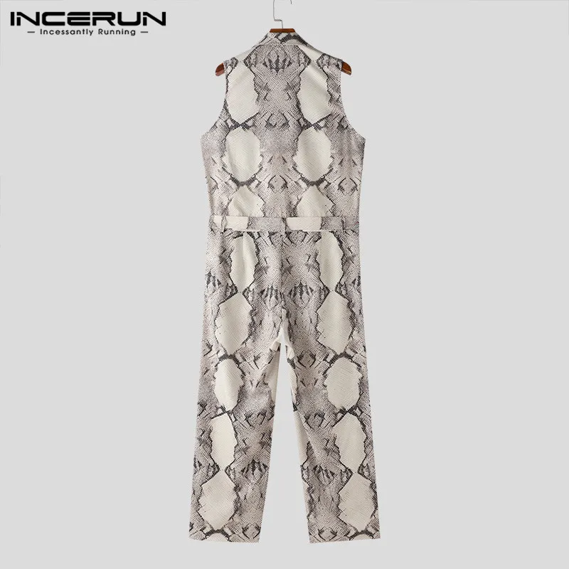 INCERUN Men Jumpsuits Printing Lapel Sleeveless Zipper Casual Male Rompers Streetwear 2024 Fashion Men Overalls With Belt S-5XL