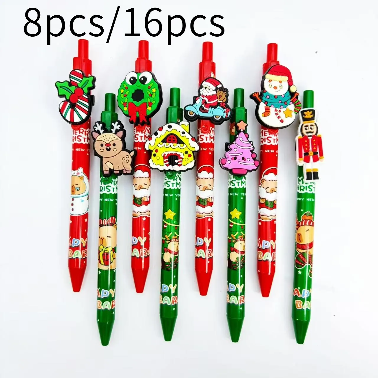8Pcs/16Pcs Creative Christmas Red and Green Dual-Color Retractable Ballpoint Pens Christmas Reindeer, Christmas Tree, Snowman Series Ballpoint Pens Student Writing Gift Pens