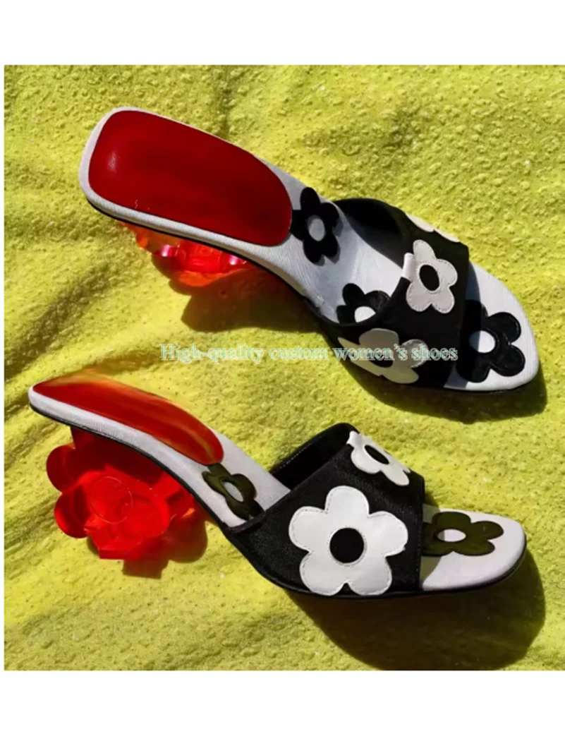 Flowers Printing Silk Sandals Square Head Flowers Modeling Transparent Heels Slippers Summer Beach Party Formal Dress Slippers