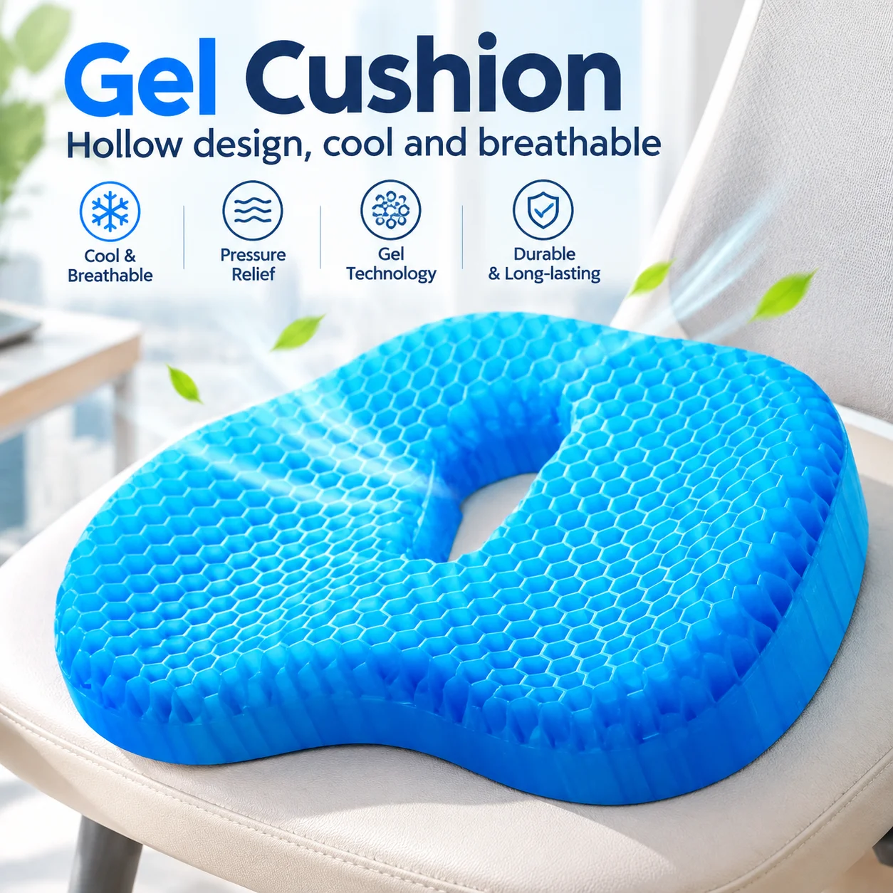 U-Shaped Hollow Gel Seat Cushion Breathable Honeycomb Summer Cooling Office Chair Car Pressure Relief Non-Slip Durable Seat Pad