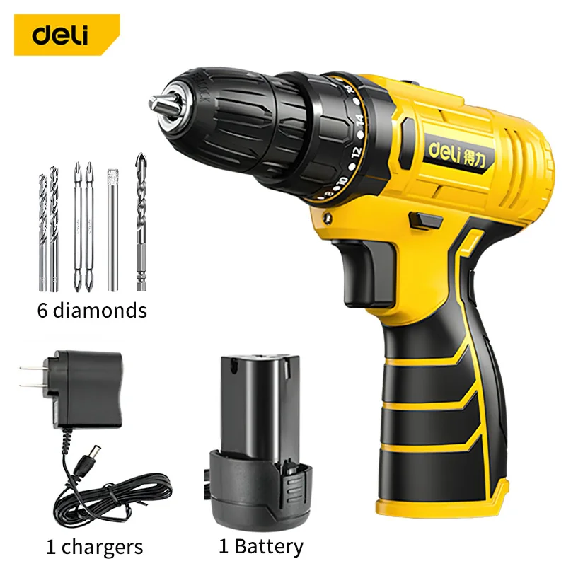 

Deli 12V Electric Impact Cordless Drill High-power Lithium Battery Wireless Rechargeable Hand Drill Home DIY Electric Power Tool