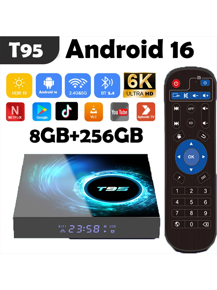 Boîtier TV intelligent Android 16 T95 8 Go + 256 Go Allwinnerh616 Assistant Google Vidéo 6K Bluetooth 5.4 Lecteur multimédia Très rapide Décodeur