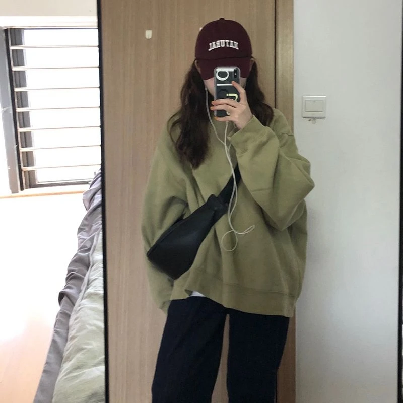 Harajuku grüne Crew Vintage Baggy Sweatshirt Frauen Herbst Winter Mode Fleece Brief druck Lazy Wind Langarm Pullover