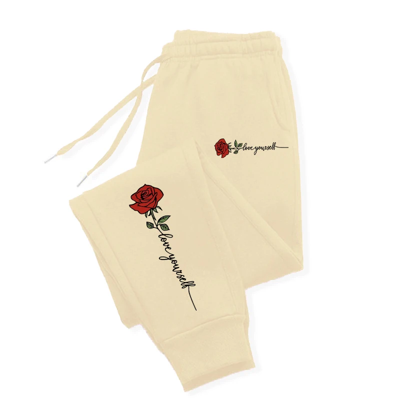 Rose Love Yourself Printing Casual Versatile Women Pants Trendy Hip Hop Trousers With Drawstring Pockets Comfy Sweatpants Female