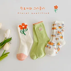 Calcetines de algodón con estampado de flores para niña y niño, medias infantiles para Primavera, 3 pares