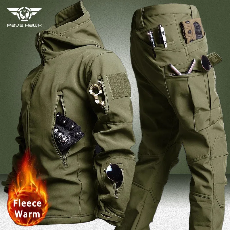 

Winter Fleece Tactical Sets Men Military Shark Skin Soft Shell Jackets+Multi-pocket Cargo Pants 2 Pcs Suits Waterproof Warm Set