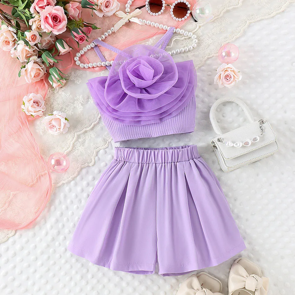 Chic Summer Ensemble for Girls Flower Net Strap Top and Pleated Shorts Children Set Two Pieces Set for Stylish and Playful Look