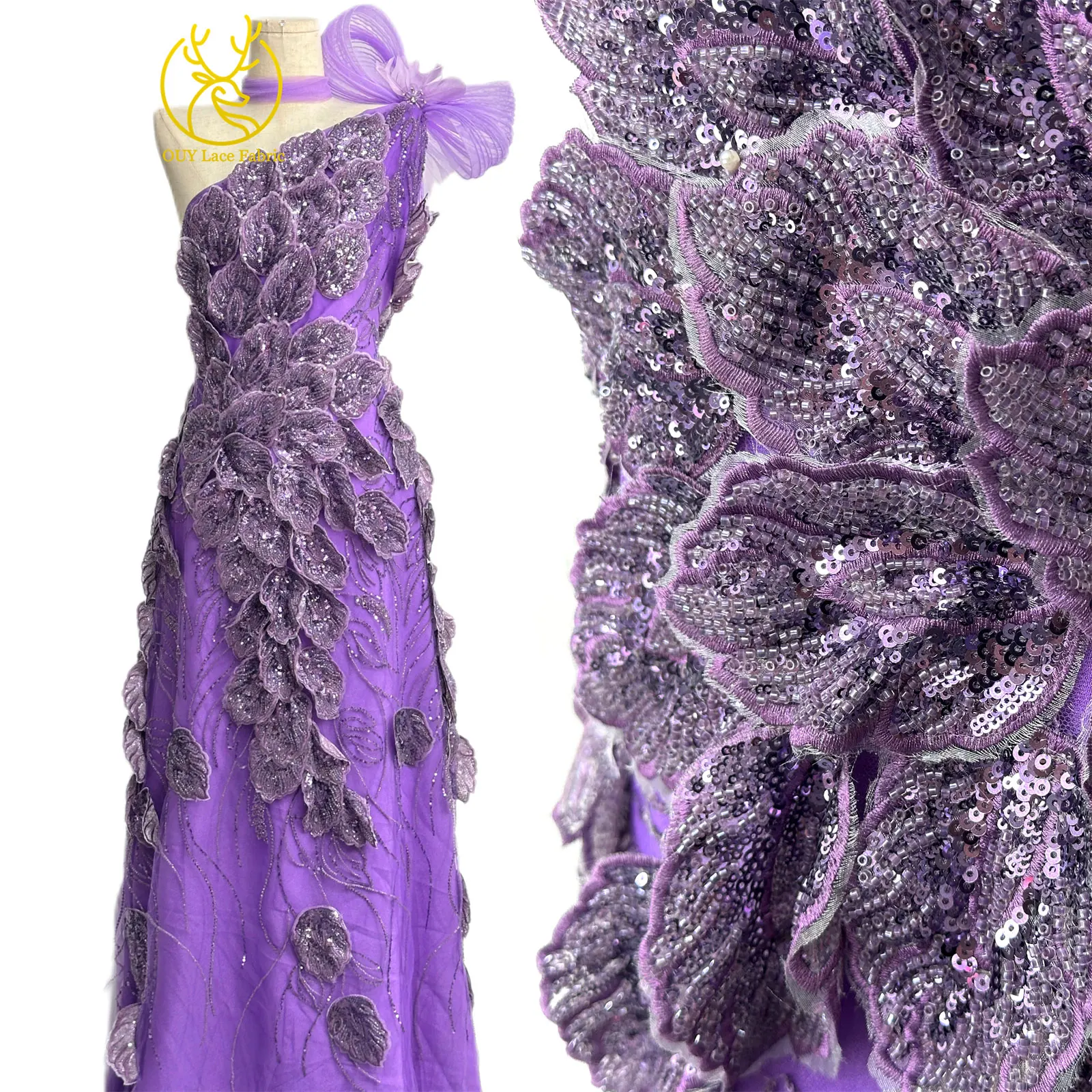 Nigerianischer 3D-Stickerei-Blatt-Spitzenstoff 5 Yards Afrikanische DIY-Stickerei Perlen-Pailletten-Spitze Tüll-Netzspitze Damen-Abendkleid – Detail 6