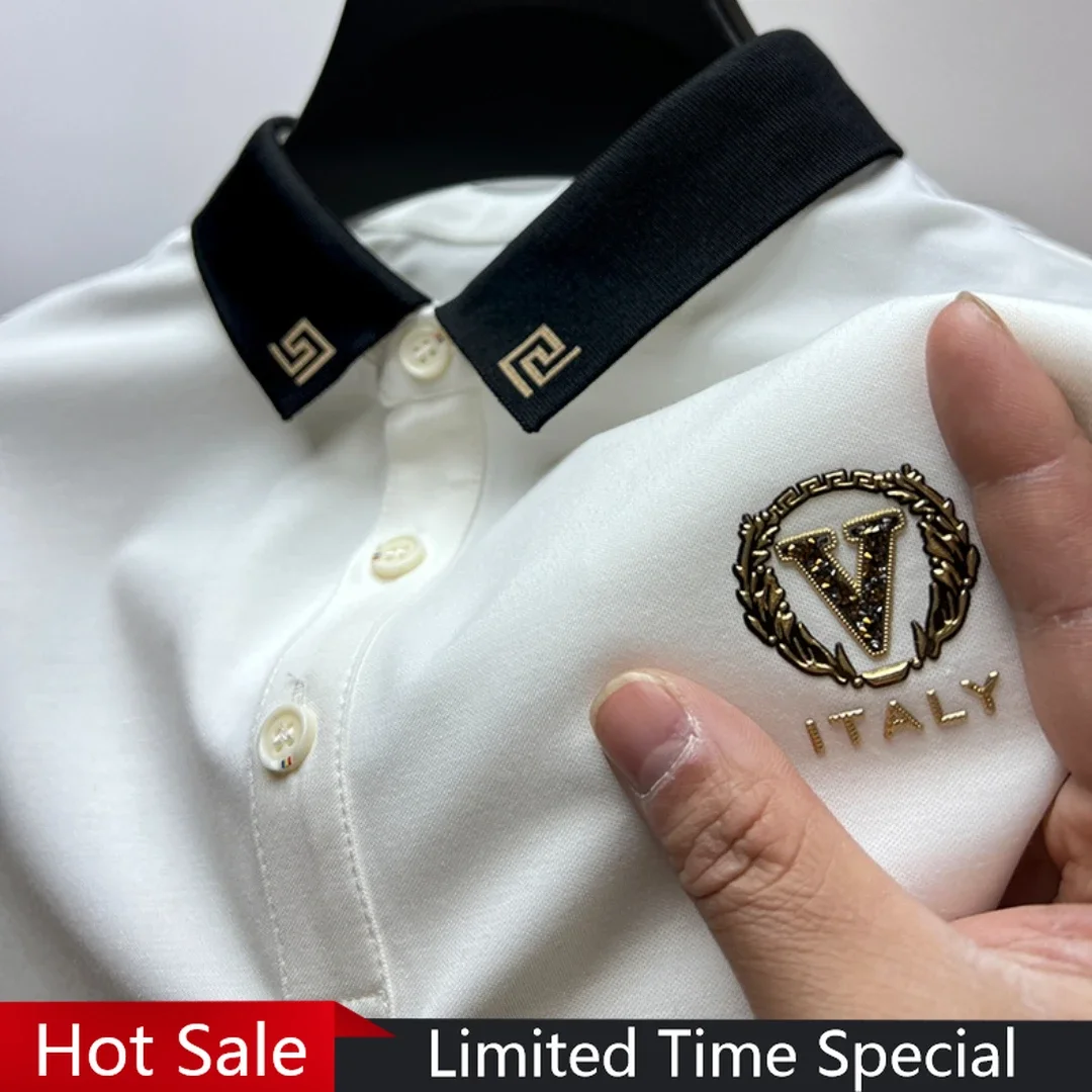 

Luxury Ice Silk Polo Shirts Short Sleeved Lapel T-shirts 2024 Summer Trend Hot Drilling Exquisite Embroidery Casual Men Clothing