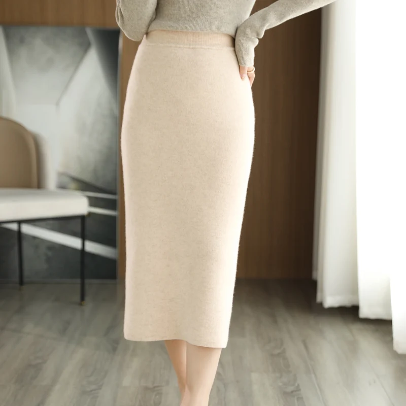 2022 New Arrival Autumn and Winter 100% Wool Knit Skirt Women\'s High Waist Skirt Fashion Soft Quanlity Elastic Knit Girl Clothes