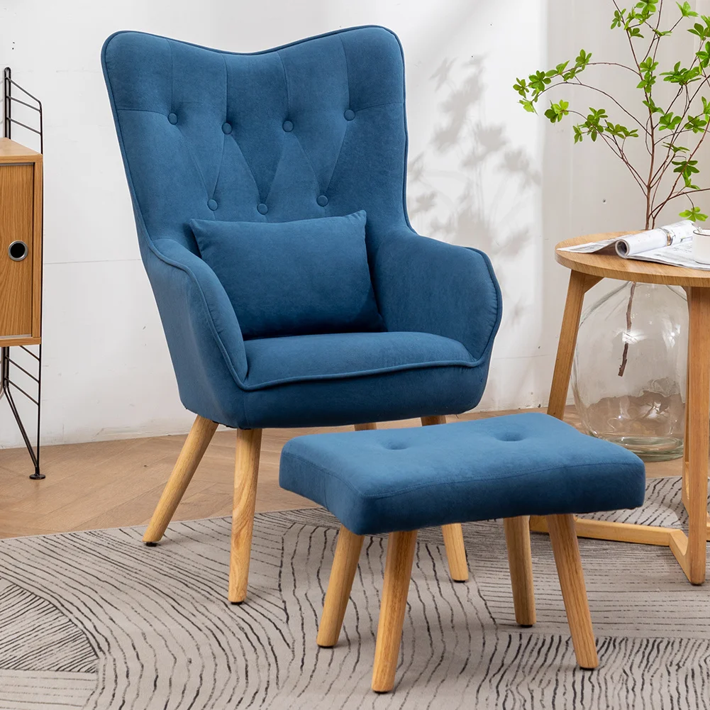 Frosted Velvet Wingback Lounge Chair with Footstool, Blue