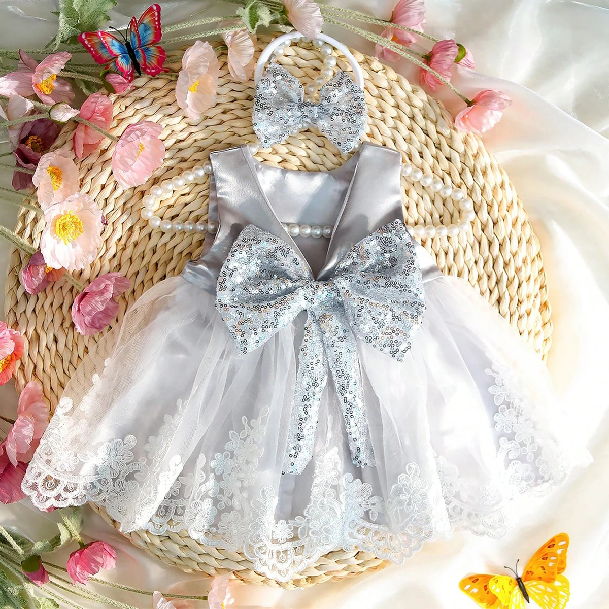 Ylsteed Newborn Photography Outfits Girl Big Bow Lace Dress with Glitter Bow Headband 100 Days Baby Girl Photoshoot Picture Gown