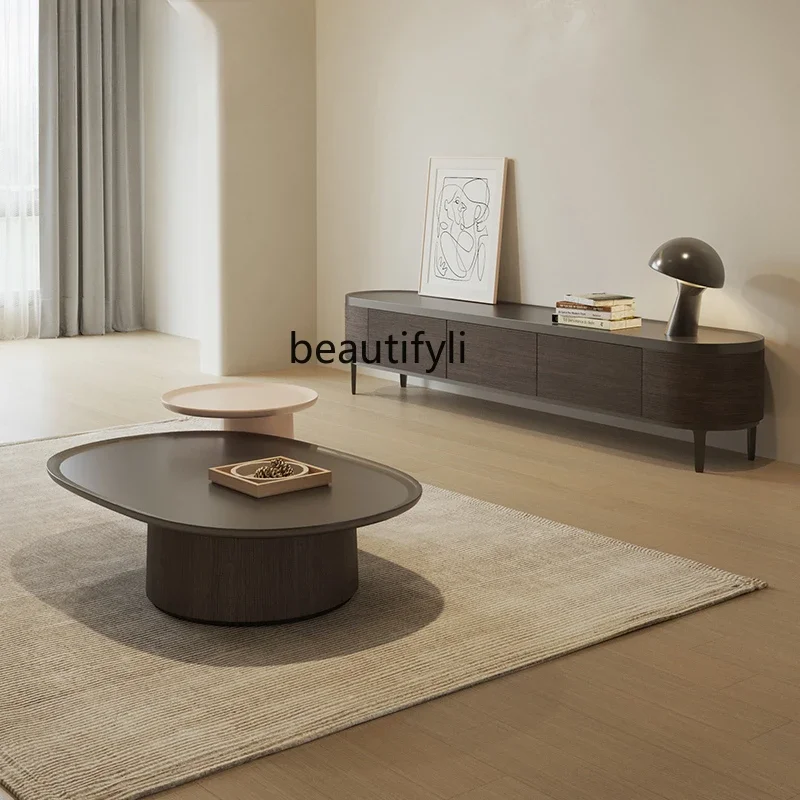 

Designer household coffee table TV cabinet combination Italian minimalist light luxury black walnut color round table cabinet