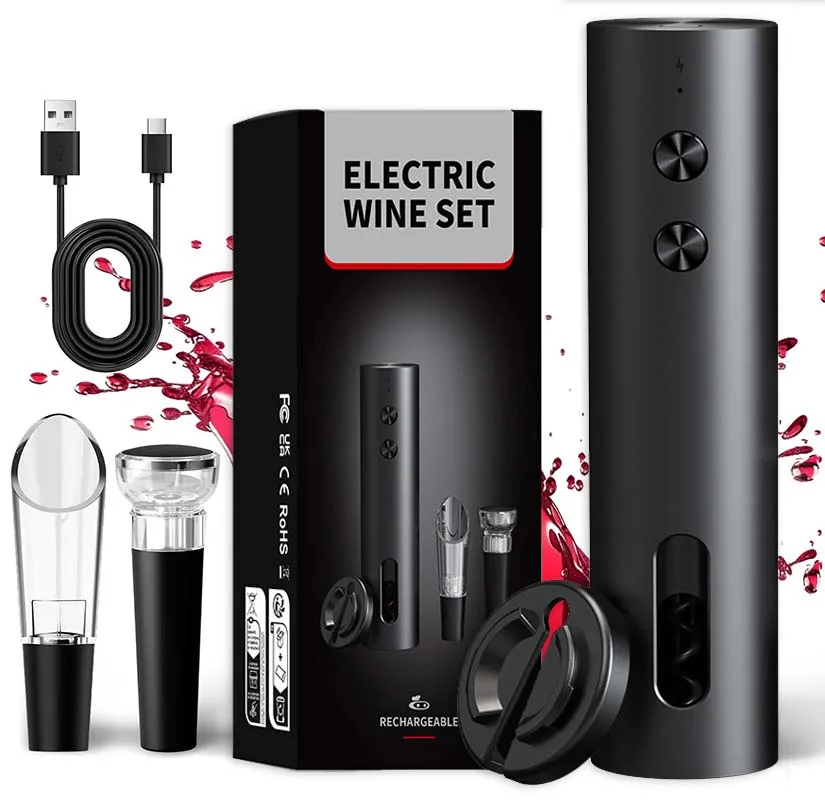 Set de abridor de botellas de vino eléctrico 4 en 1, recargable por USB, sacacorchos automático, tapón de vino, vertedor de vino ﻿
