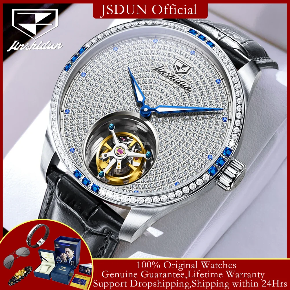 JSDUN Fully Diamond Tourbillon Automatic Watch for Men Genuine Leather Strap Sapphire Mirror Luxury Mechanical Man Wrist Watches