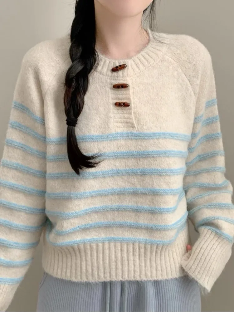 

Шикарный осенне-зимний трикотаж в полоску, свободный крой, круглый свитер на пуговицах, теплый термодлинный светящийся волокно из полиэстера для поездок на работу