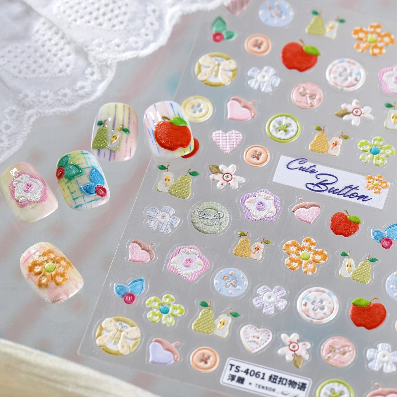 

Lovely Colorful Button Apple Pear Pinecone Flowers Love 5D Embossed Reliefs Self Adhesive Nail Art Stickers Cute Manicure Decals