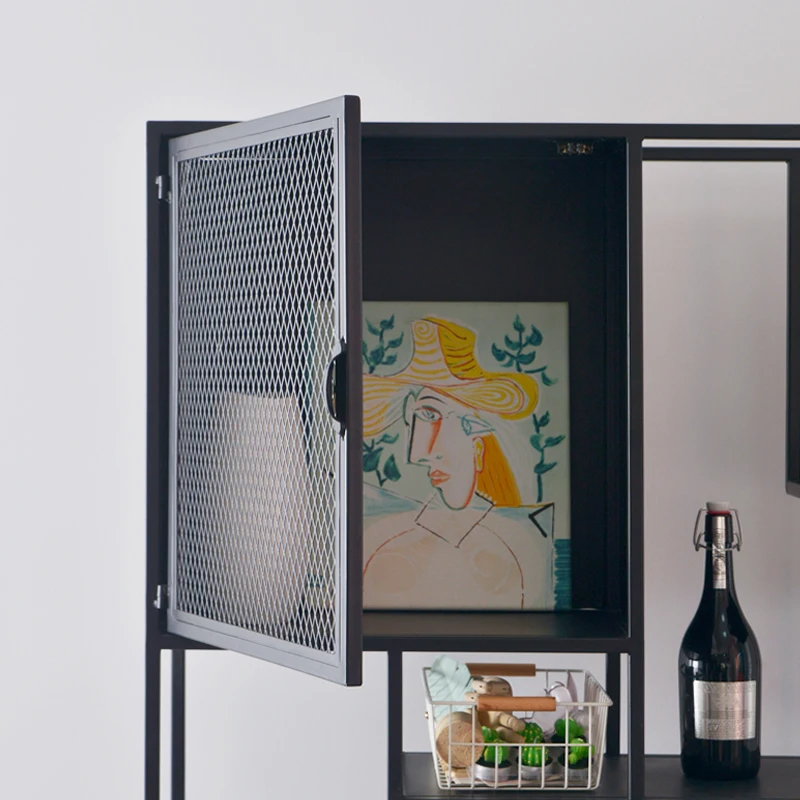 AAWrought Iron Shelf Simple Modern Bookcase With Door Living Room Floor Study Combination Bookcase