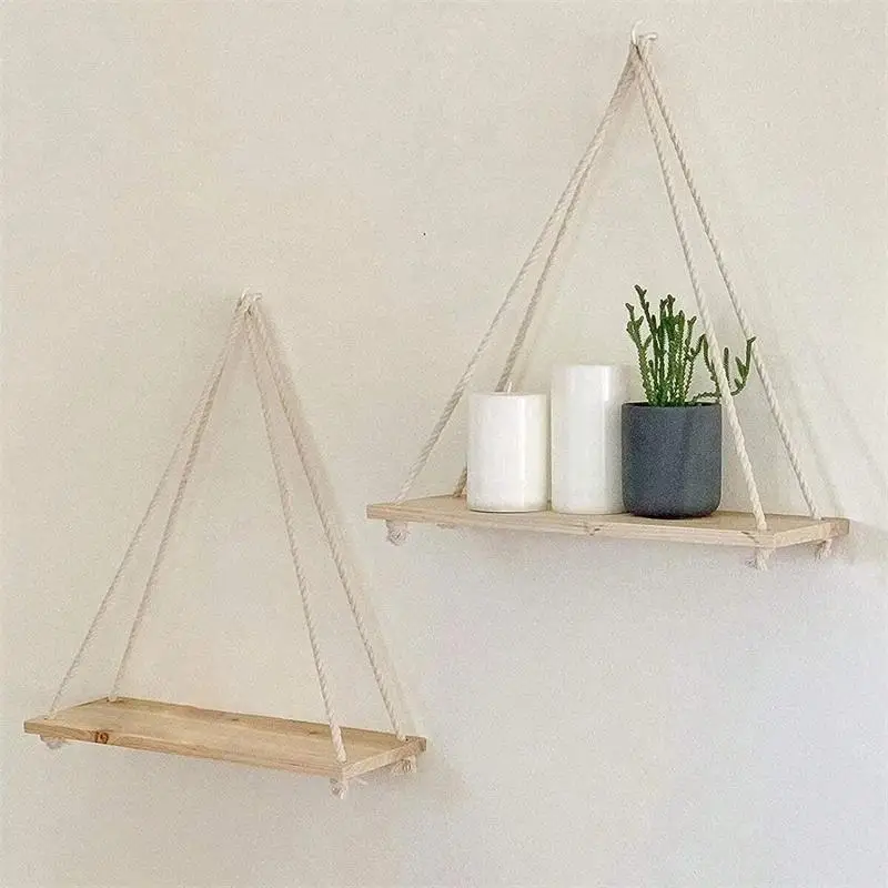 Hanging Wood Shelves Adjustable Cotton Rope Natural Wood Finish For Bedroom Living Room Boho Wall Decor