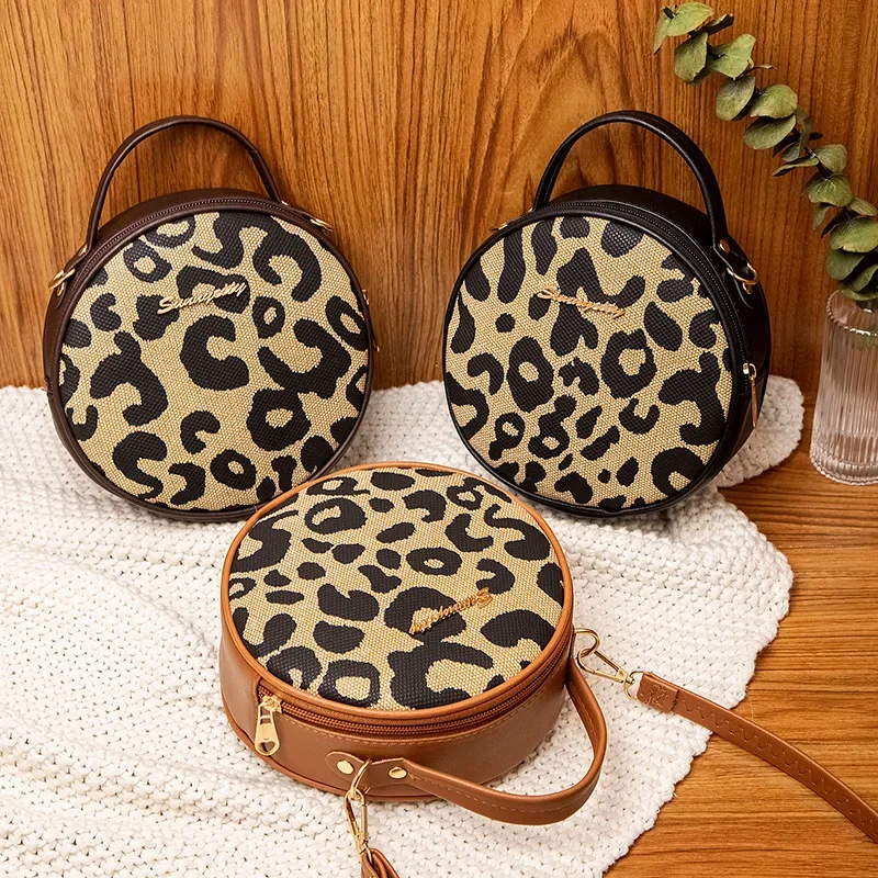 Women's bag, leopard print small round bag, women's retro shoulder bag, trendy crossbody bag crossbody bags for women