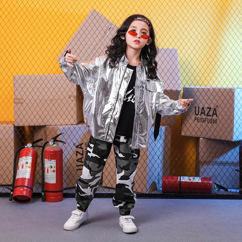 زي أداء رقص الجاز ورقص الشوارع للأطفال - بدلة هيب هوب نسائية من الجلد اللامع، مموهة للأطفال الذكور