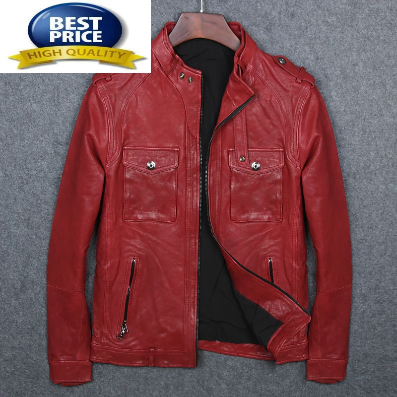 Real Genuine Fashion Leather Jacket Men Sheepskin Coat Stand Collar Short Red Motorcycle Jackets and Coats Veste Homme