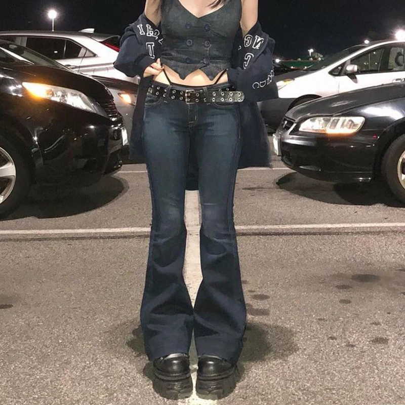 

Джинсы-скинни с низкой посадкой, слегка расклешенные, в уличном стиле, с низкой талией, асимметричные, из смесового хлопка и полиэстера, длинные брюки