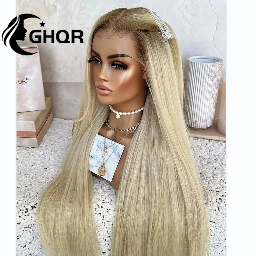 Platinum Blonde Straight Lace Front Full lace Wig Brown Roots HD Transparent Lace Forntal Wig Brazilian Virgin Human Hair Wigs