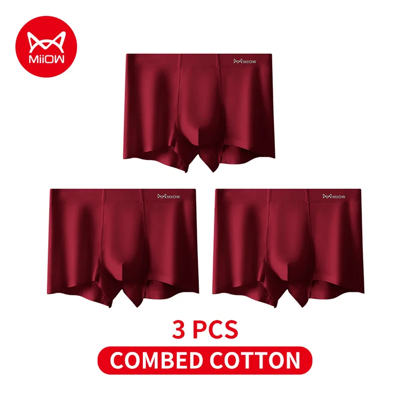 MiiOW 3Pcs Autumn Winter Cotton Men Underwear Lucky Red Men's Panties 7A Antibacterial Men Underpants Breathable Man Boxershorts