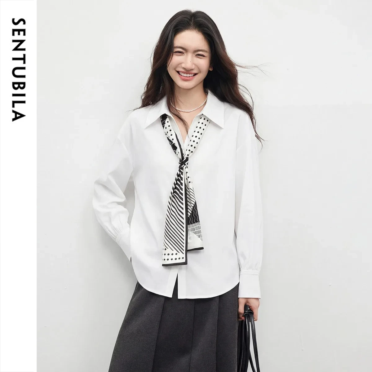 SENTUBILA Women White Plain Long Sleeve Shirt 2026 Spring New V Neck Button Up Blouse Loose Fit Casual Office Top 161CB6453X