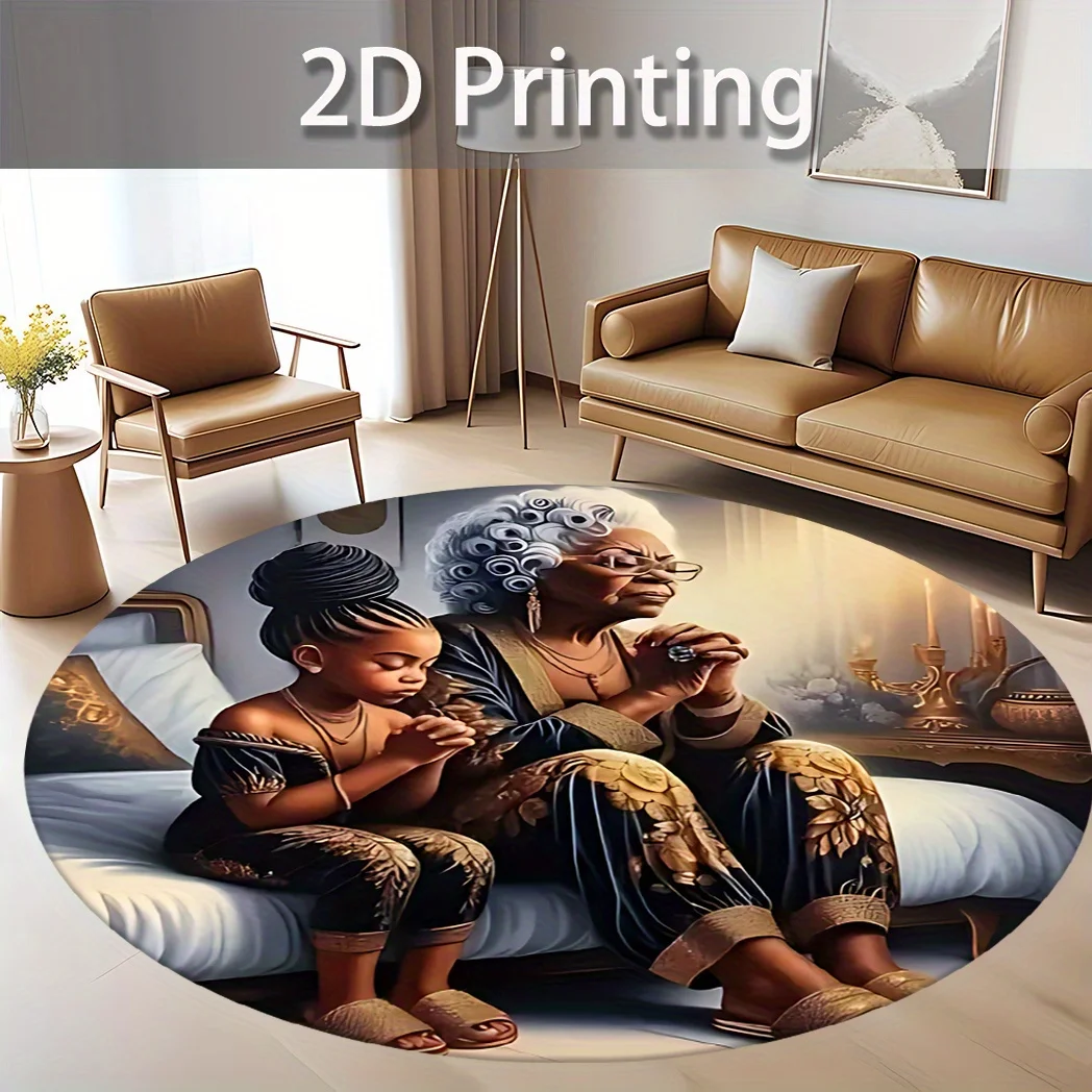 2D Printing Grandmother Grandchild Portrait Round Rug Flannel Emotional Family Memory Keepsake Living Room Display Piece