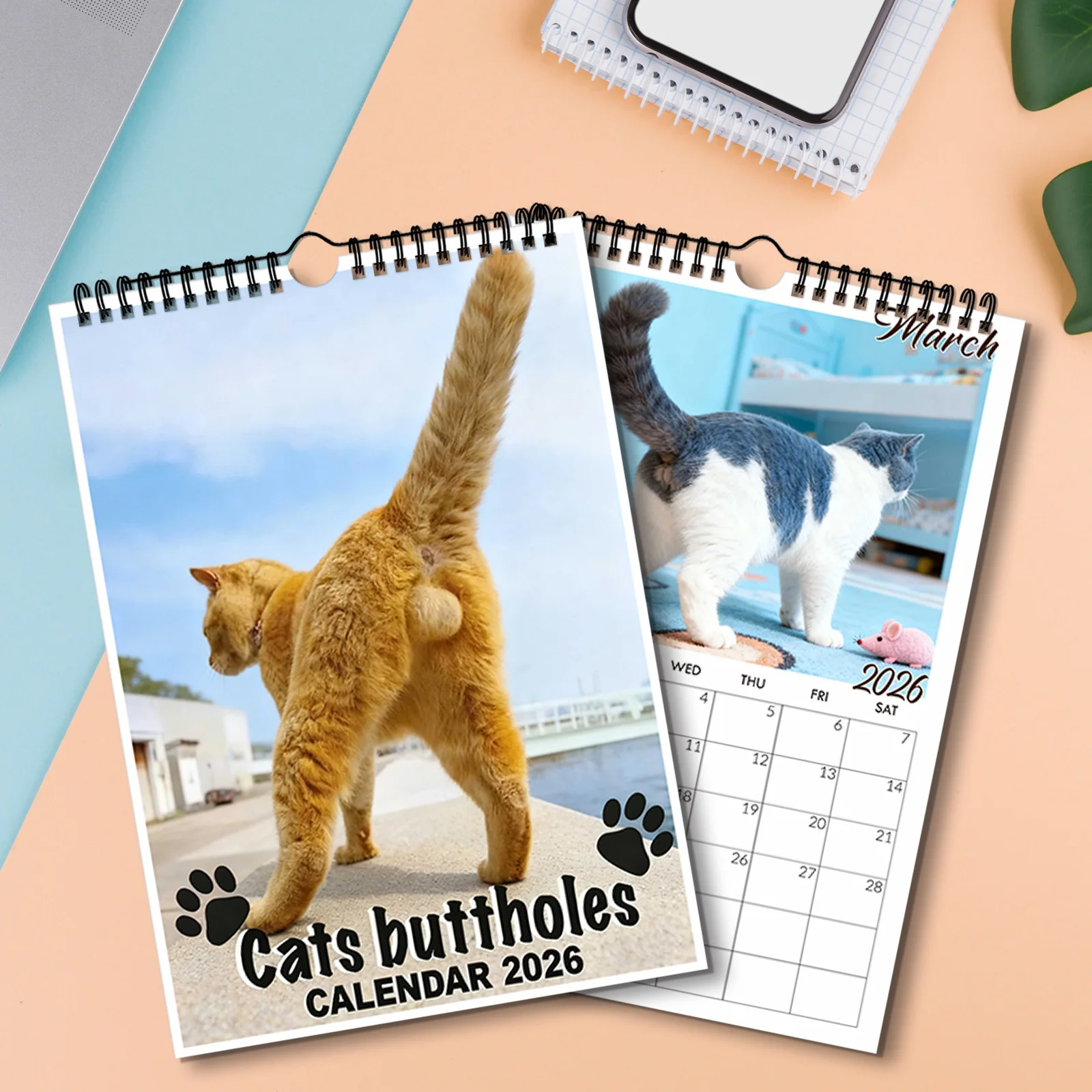 Calendrier mural humoristique sur le thème des fesses de chat 2026, idéal pour la décoration de la maison et l'organisation quotidienne, calendrier mural amusant, 1 pièce