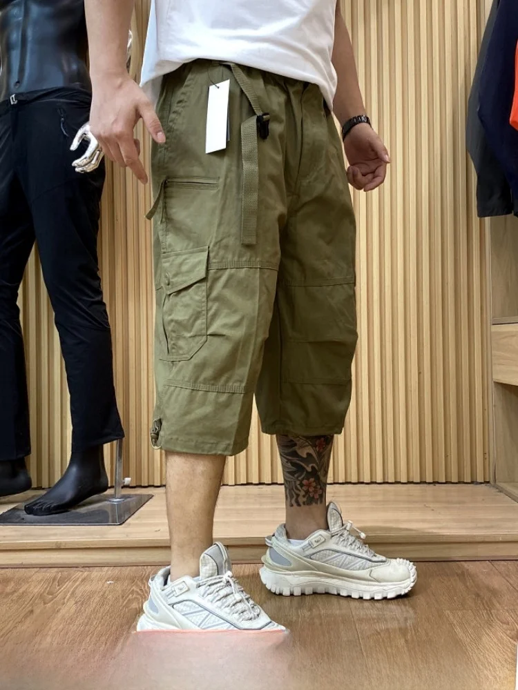Military Style Cotton Workwear Shorts Men's 7/8 Length Pants with Buckle Waist Belt Summer Casual Loose Fit Straight Leg