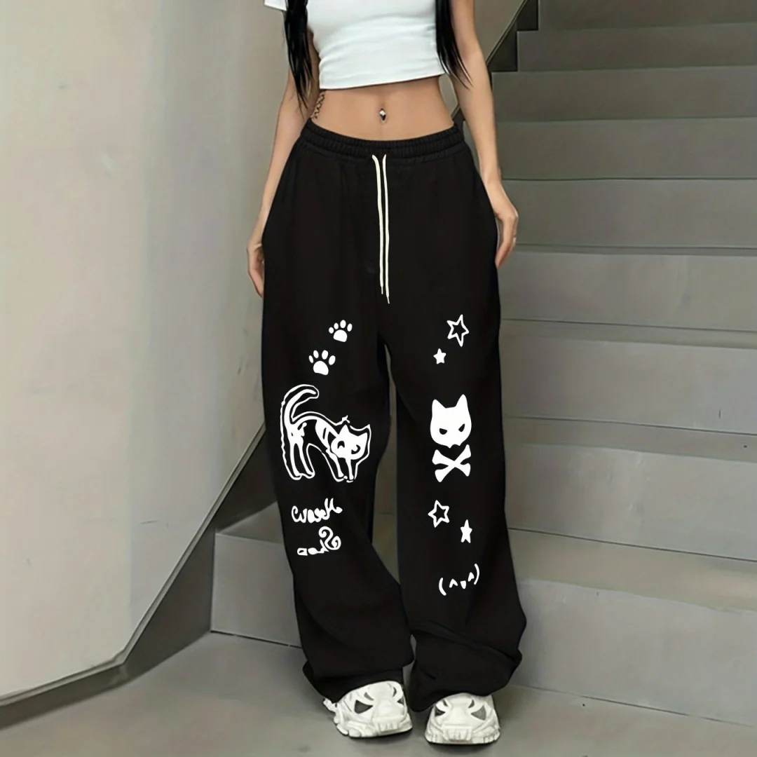 Women's Kids Street Style Casual Sweatpants with Cute Cat Print New Arrivals for Spring Loose Fit Streetwear Oversized