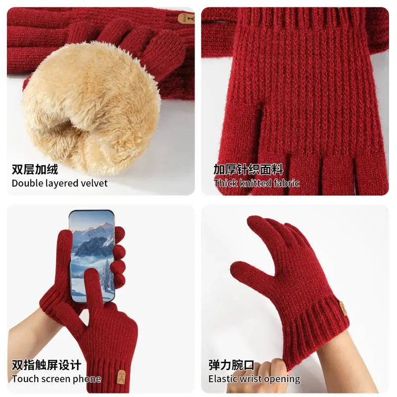 5pair Chinese Red Double layer Ladies Touch Gloves Winter Warm Cold proof Fleece Thickened Knitted Velvet Padded High Quality