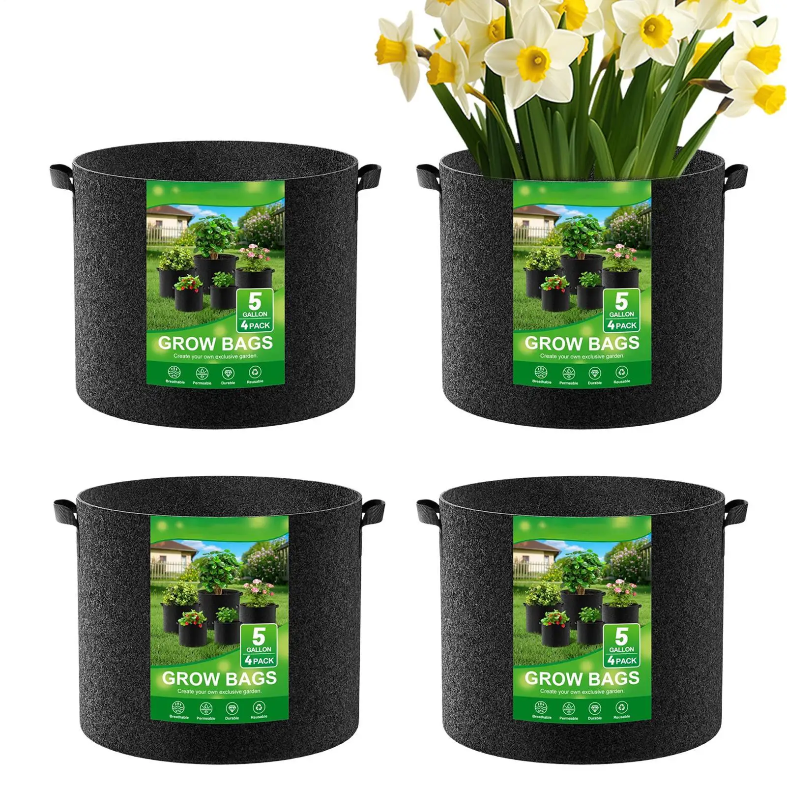 

4PCS 5/10/15 Gallon Fabric Garden Growing Bag Plant Seed Container Flower Pots Potato Vegetable Planter Tool with Handle