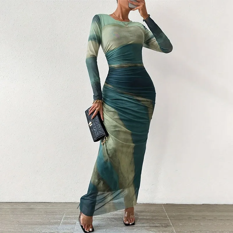 Tie Dye Groene Mesh Korset Jurk Herfst Elegante Vrouwen Jurken Bodycon Lange Mouw Jurk Print Maxi Ruches Door Vrouwelijke Jurk