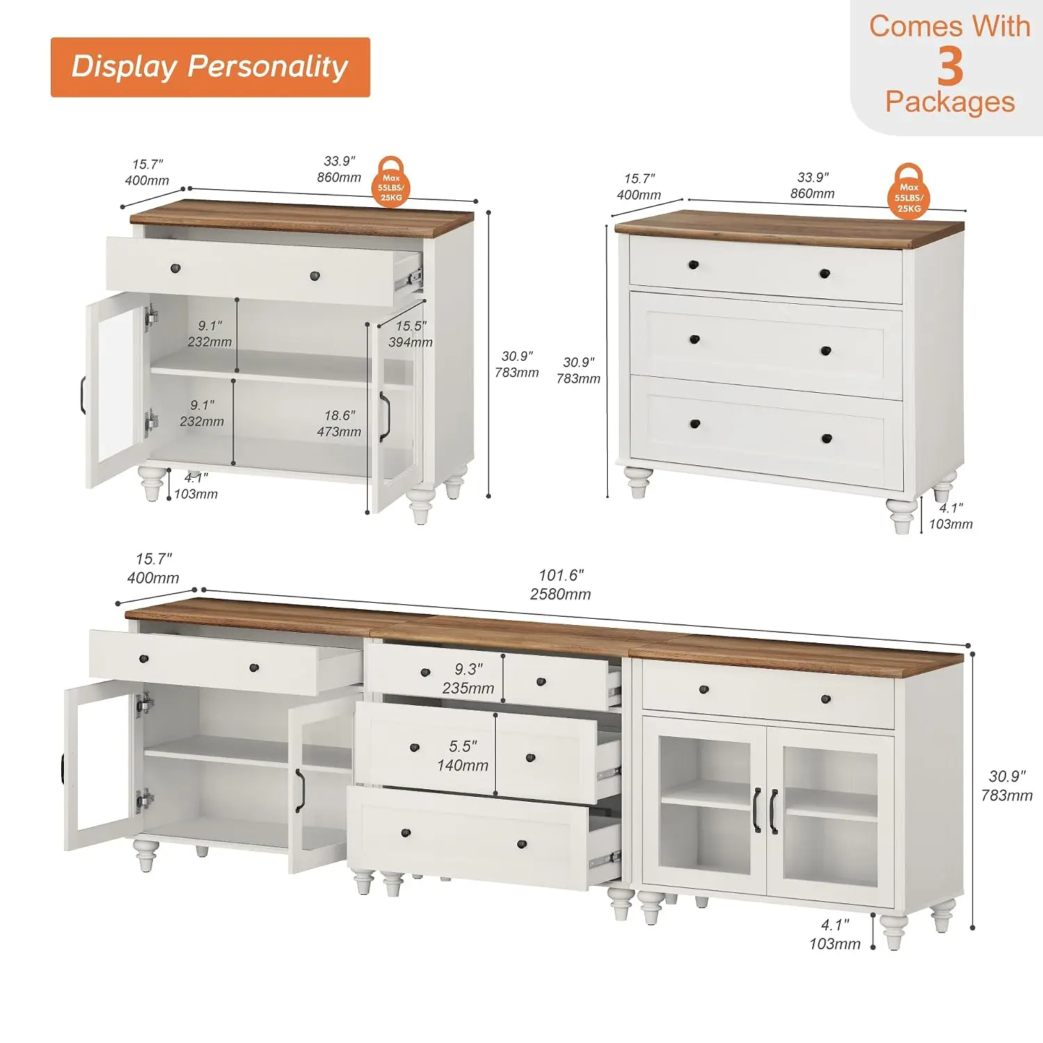 White TV Stand with 5 Drawers & 4 Glass Doors for Living Room Up to 100 Inch, Customized