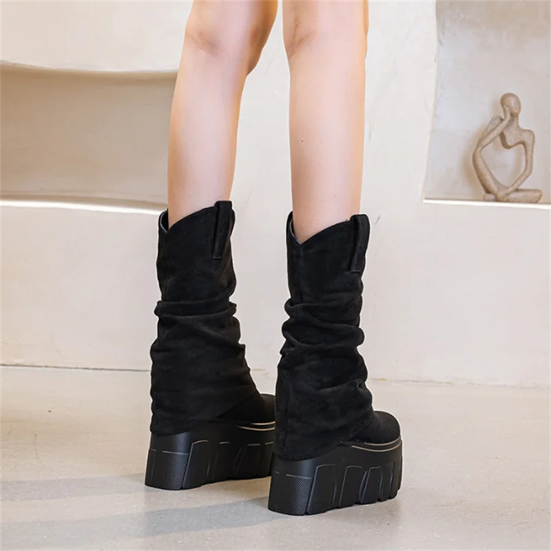 14cmヒールのレディースプラットフォームアンクルブーツ、春秋冬用ウェッジソール、快適なアンクルブーツ、アンクルブーティー