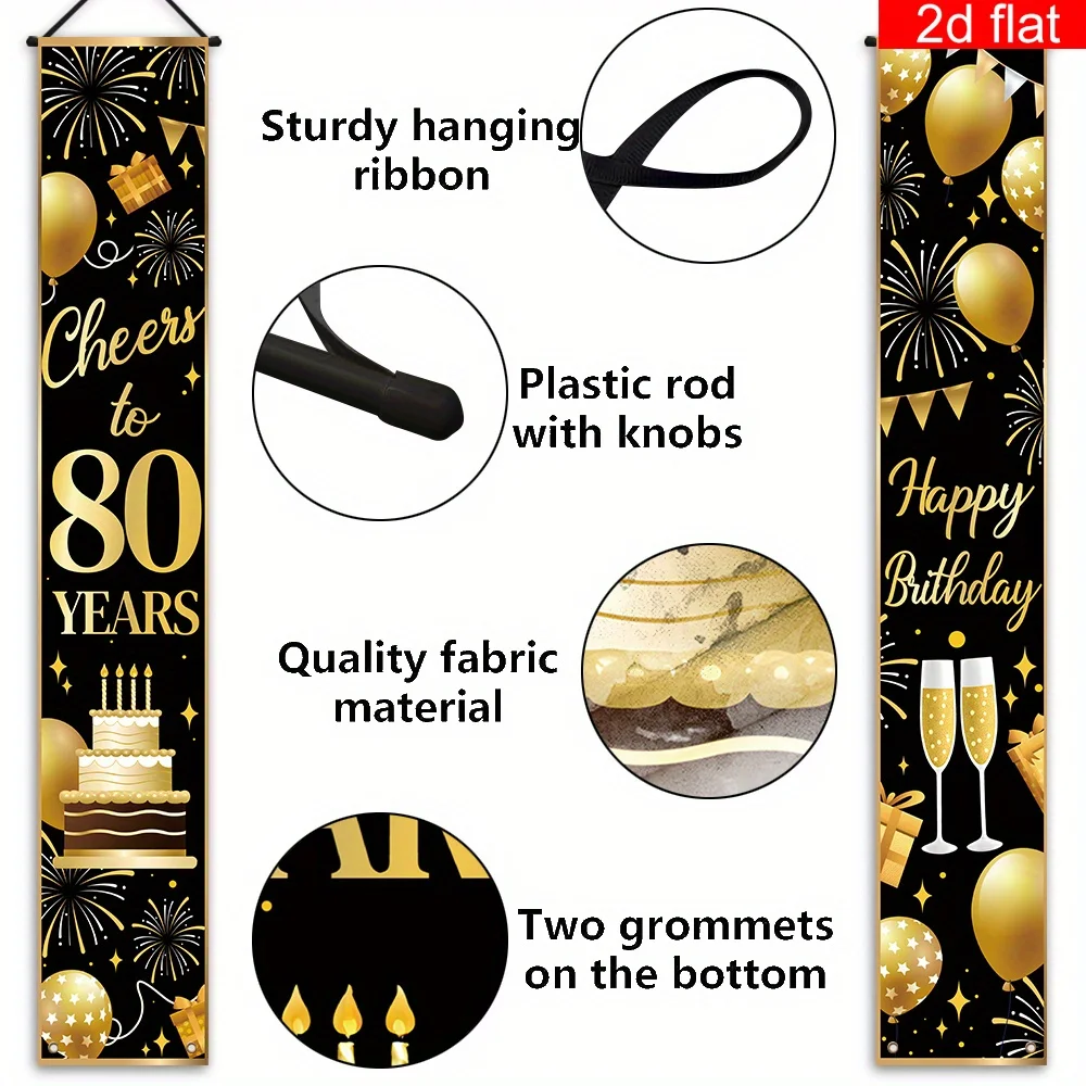 2D-Flachbanner 1 Stück, 2D-Flach, 2-teiliges 80. Geburtstagsparty-Banner – Schwarzes und goldenes Thema mit Kuchendesign, langlebig – Detail 8