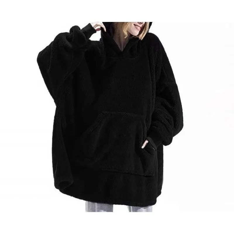Winter Oversized Blanket Hoodie Women Men Double Sided Fleece Warm Hooded Robe with Big Couple Loose Home Sweatshirt