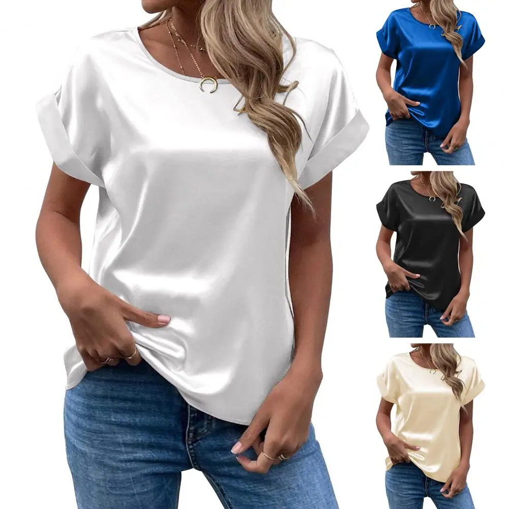 

Женская атласная блузка с коротким рукавом и круглым вырезом, свободная шелковистая рубашка для офиса, летняя модель