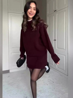 Preppy Chic O Neck Sweater Mini Skirt Women Two Piece Set Autumn Winter Solid Long Sleeve Knitted Suit High Street Loose Outfits