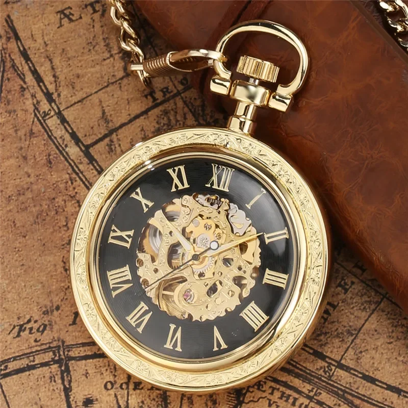 Luxury Yellow Golden Pocket Watch Roman Number Display Mechanical Automatic Clock for Men Fob Chain Watches Collectable Reloj