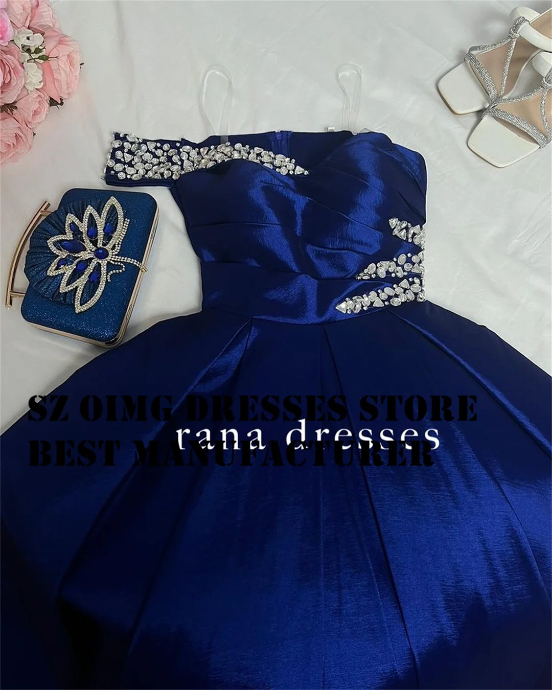 OIMG Elegant One-Shoulder Prom Dresses Sleeveless Blue Crystals Backless Satin A-Line Women  Gowns Formal Party Dress Customized